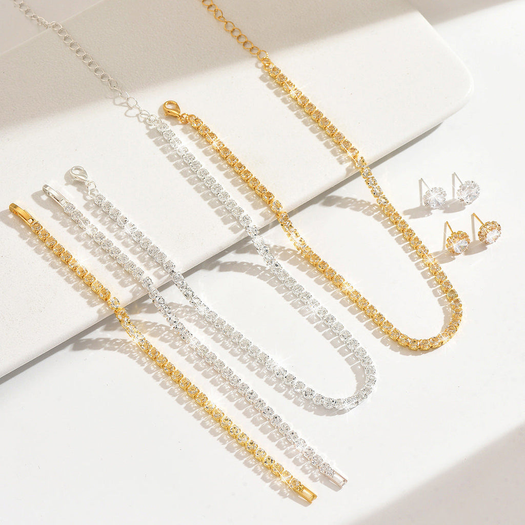 Women 3 Pcs Silver Tone Tennis Rhinestone Jewelry Set,Choker Necklace Stud Earrings Bracelet,Classic Costume Accessories For Daily Wedding Banquet Party Occasion