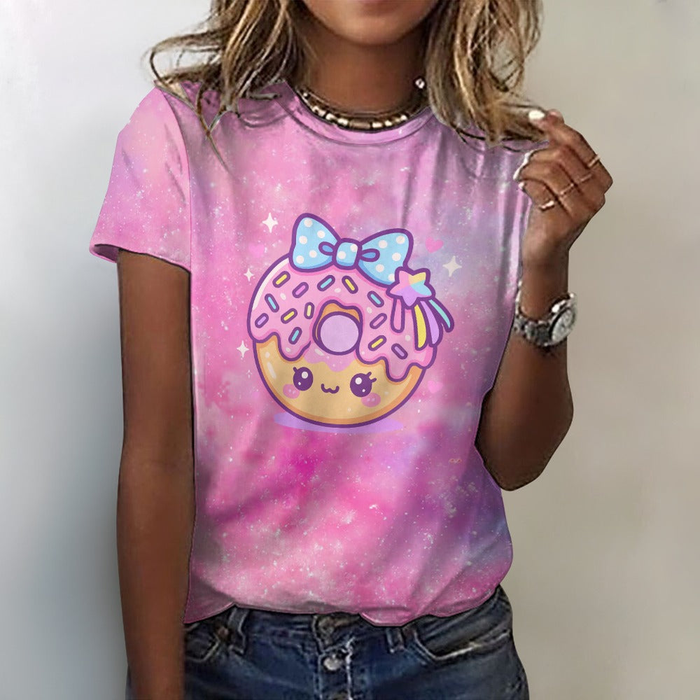 Women's Donut Galaxy Graphic Cotton T-Shirt Pink Purple - Image 3