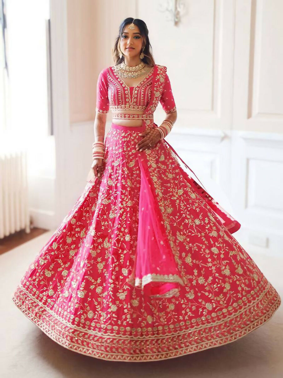 Gajri Red Malai Satin Silk Lehenga with zari, sequins, and dori embroidery