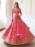 Gajri Red Malai Satin Silk Lehenga with zari, sequins, and dori embroidery