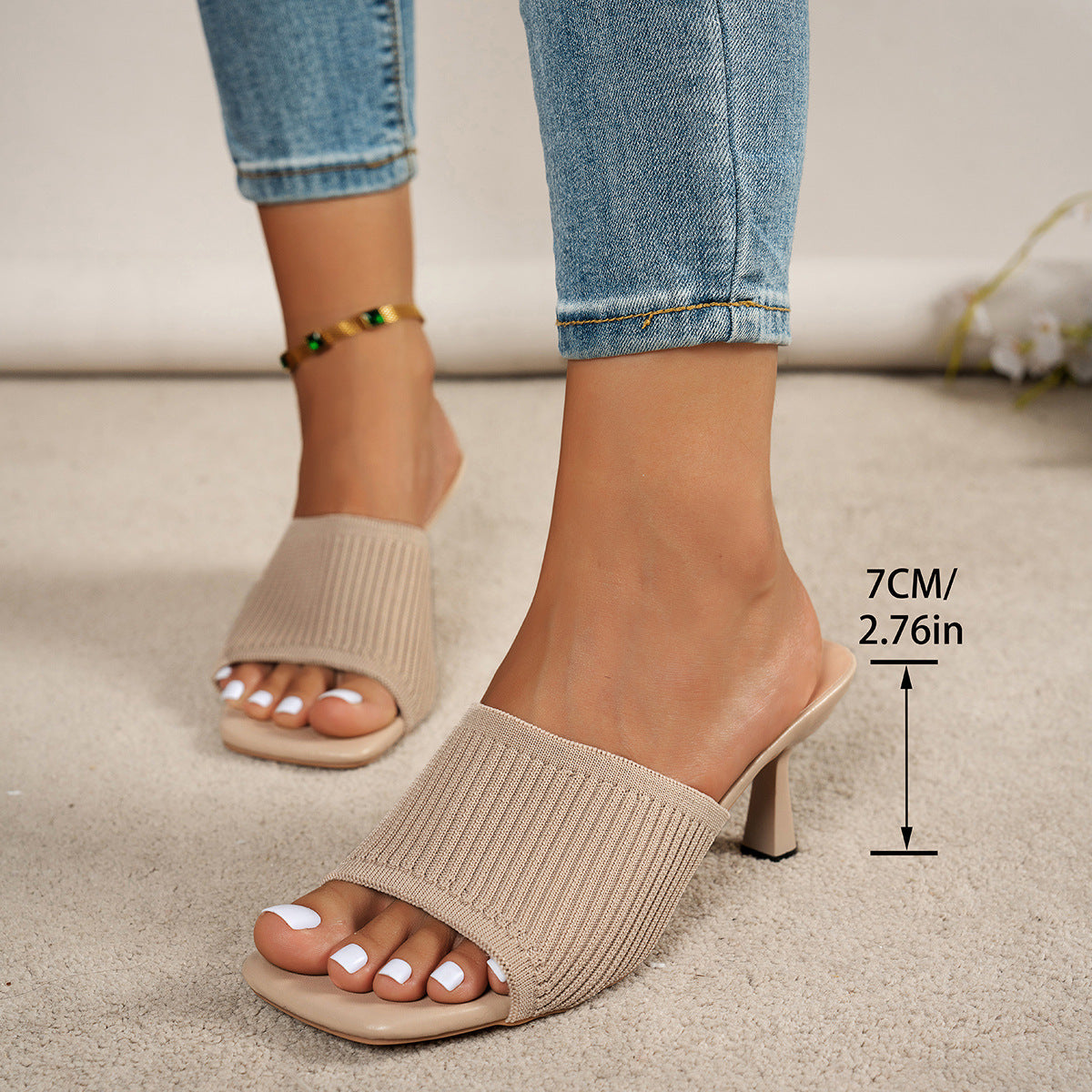 Women's Square Toe Chunky Heel Slide Sandals – Mesh Summer Heels