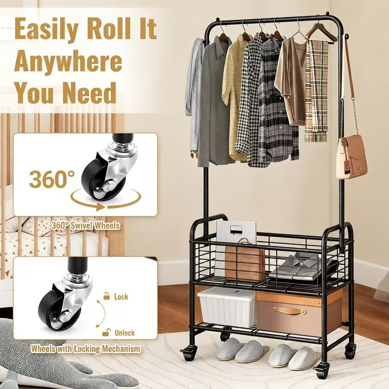 Metal Rolling Laundry Cart with Hanging Rack and Storage Shelf