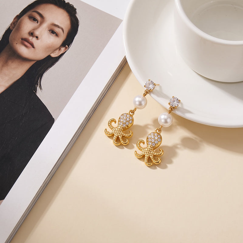 Bohemian Ocean Style High-quality Stainless Steel Octopus-shaped Pearl Earrings