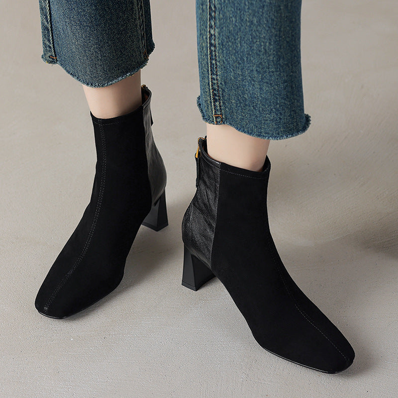 Women's Brown Sheepskin Square Toe Chunky Heel Ankle Boots - Image 4