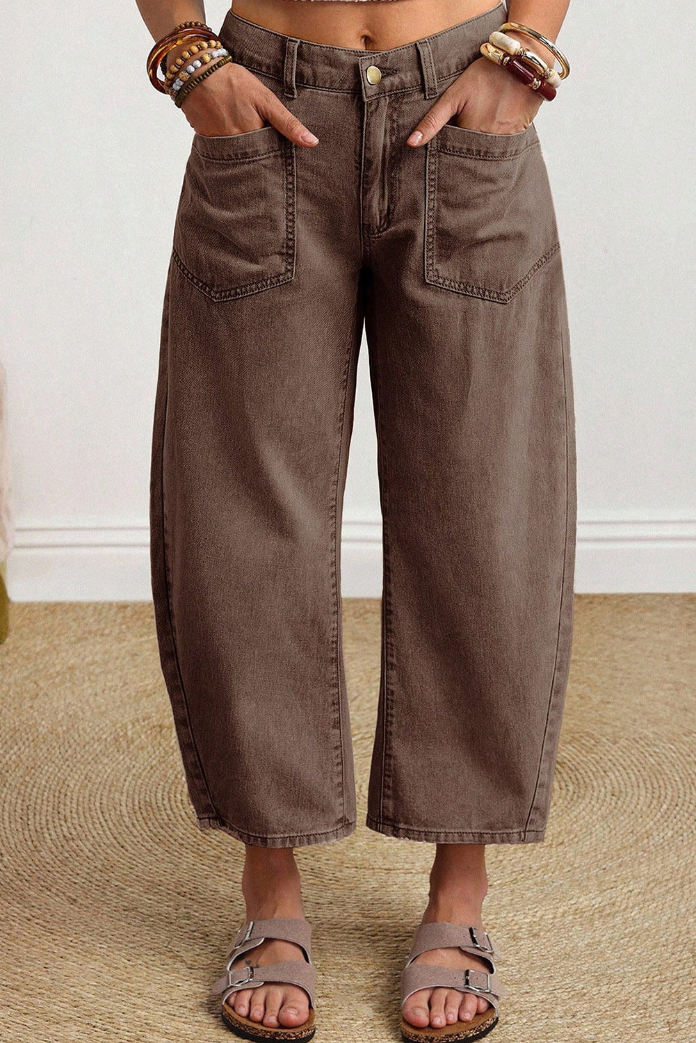 Rhea Mid-Rise Barrel Jeans in Brown - Relaxed Ankle Length Denim