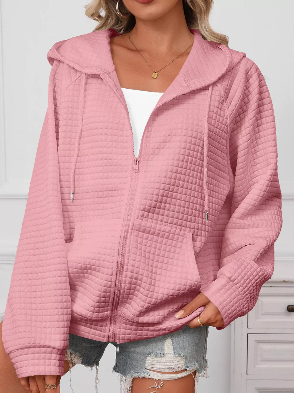 Full Size Textured Quilted Zip-Up Hooded Jacket Plus Size