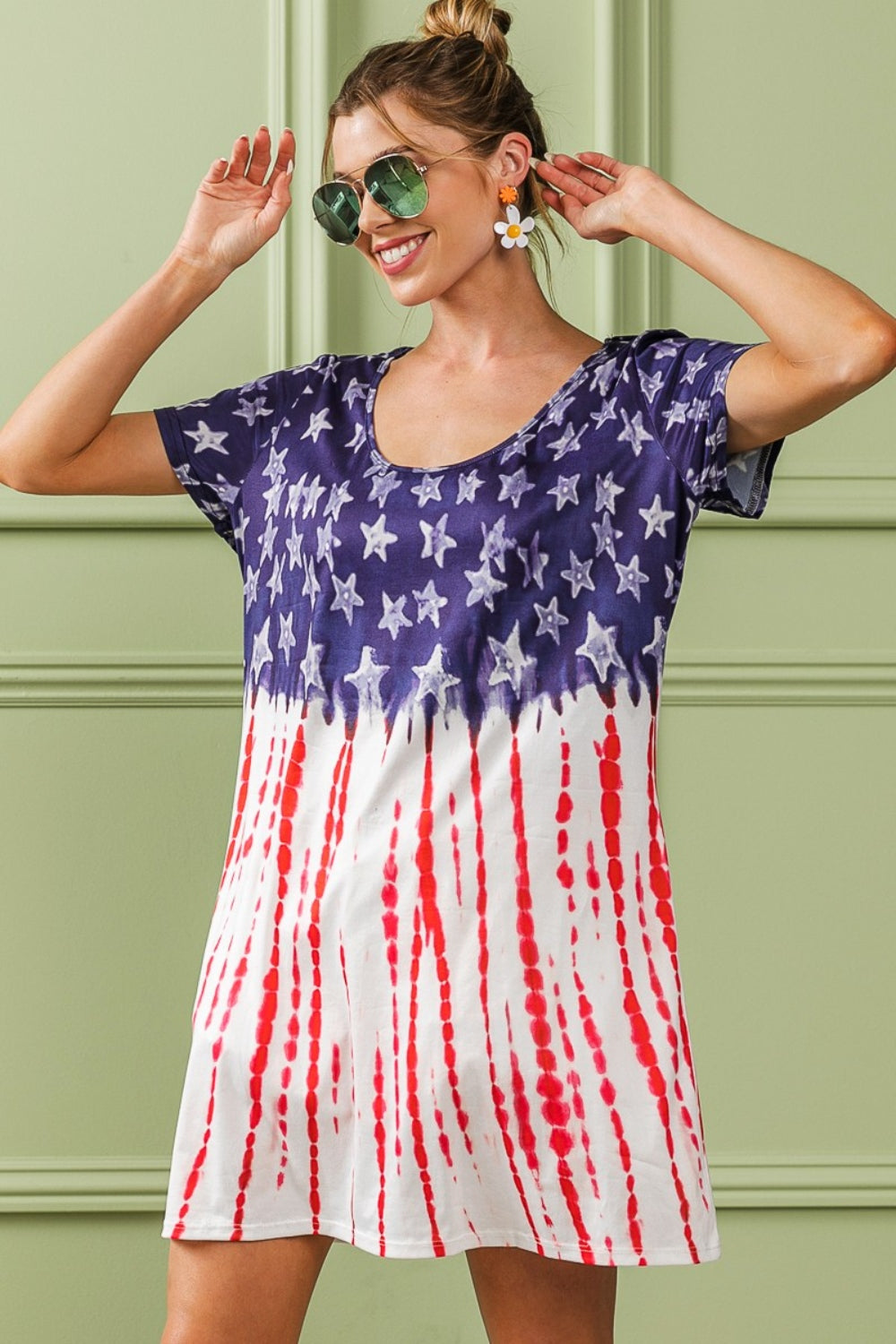 Casual cotton tee dress featuring an American flag print in navy, white, and red