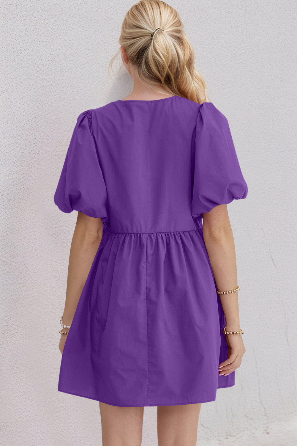 Ruched Puff Sleeve Mini Dress with Bow Detail