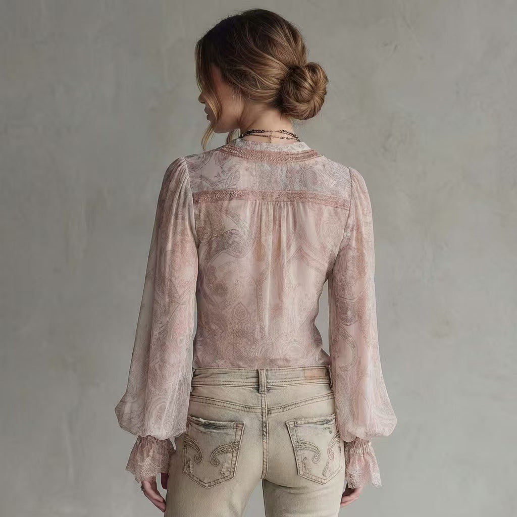 Women's Paisley Print Lace Flared Sleeve Blouse - Image 4