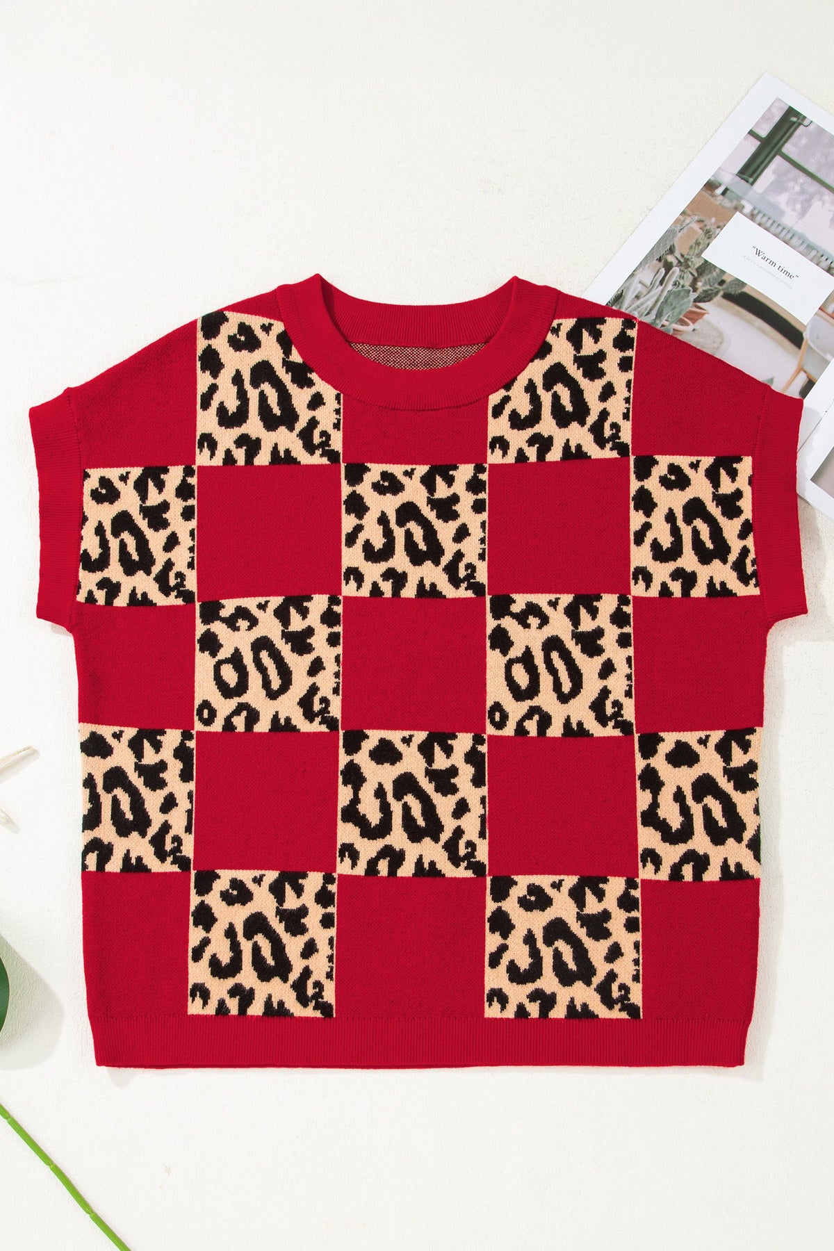 Leopard Checker Short Sleeve Knit Sweater