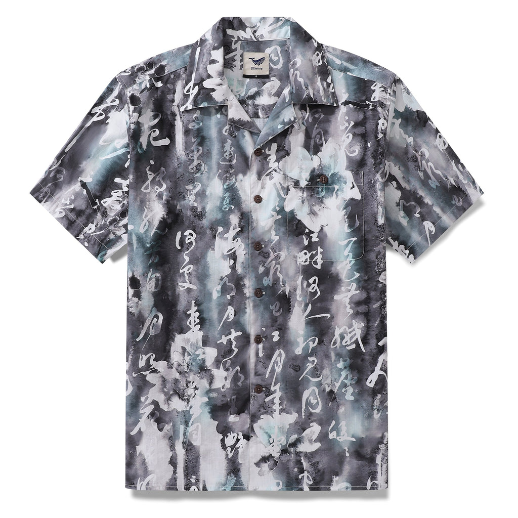Men's short sleeve camp collar shirt featuring a black, white, and gray Chinese ink painting pattern.