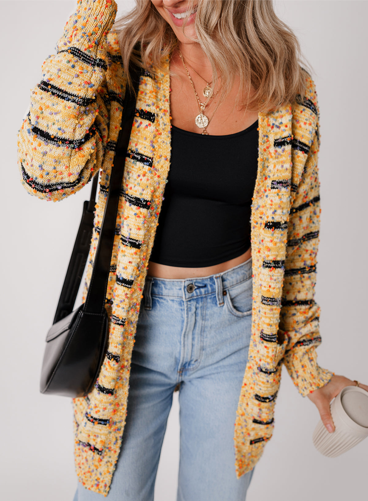 Yellow Striped Pom Pom Knit Open Front Long Cardigan Sweater