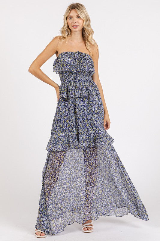 Ruffled Smocked Floral Halter Neck Maxi Dress For Summer – Feminine and Elegant Floral Maxi Dress with Smocked Waist