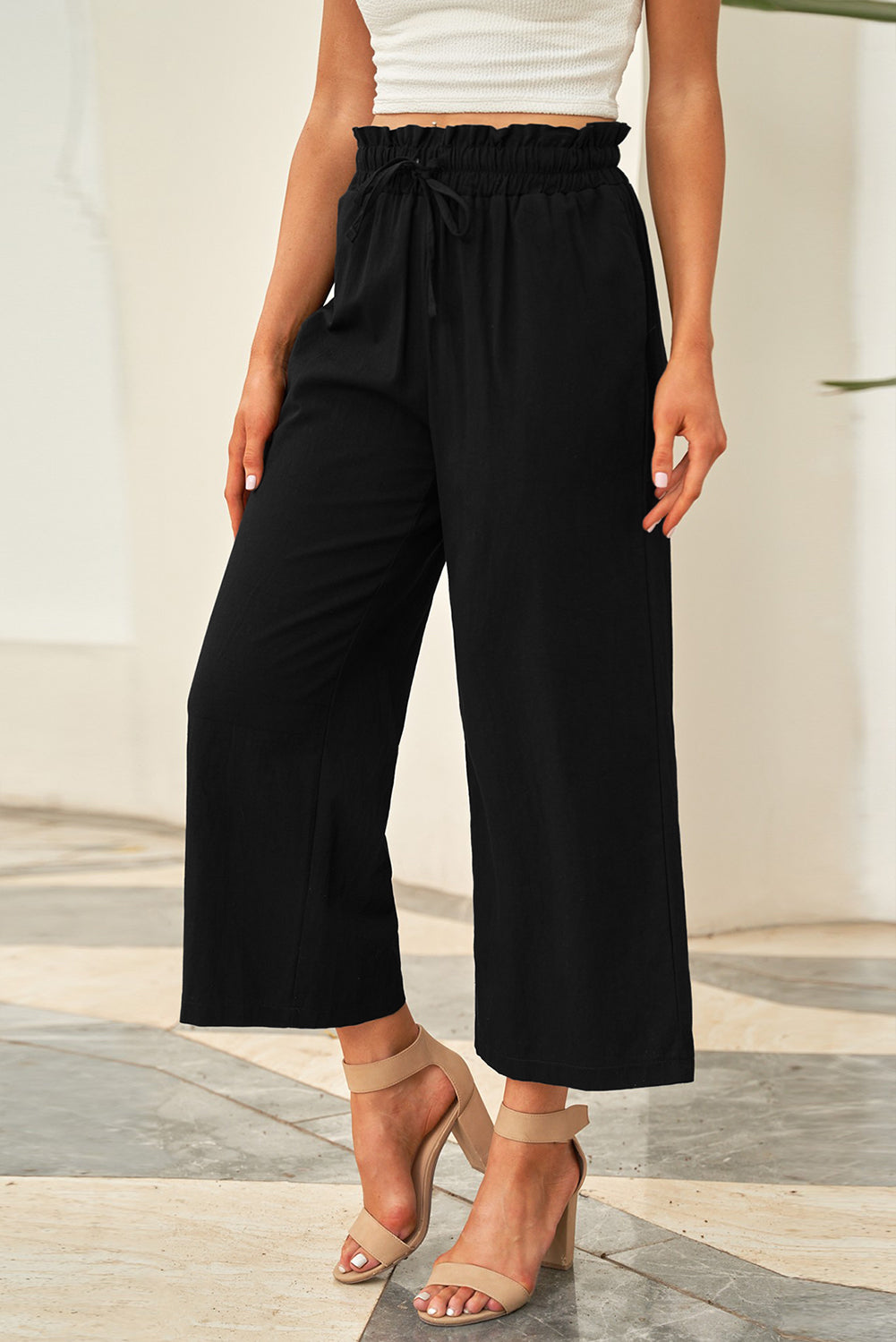 Solid Paperbag Waist Straight Leg Cropped Pants