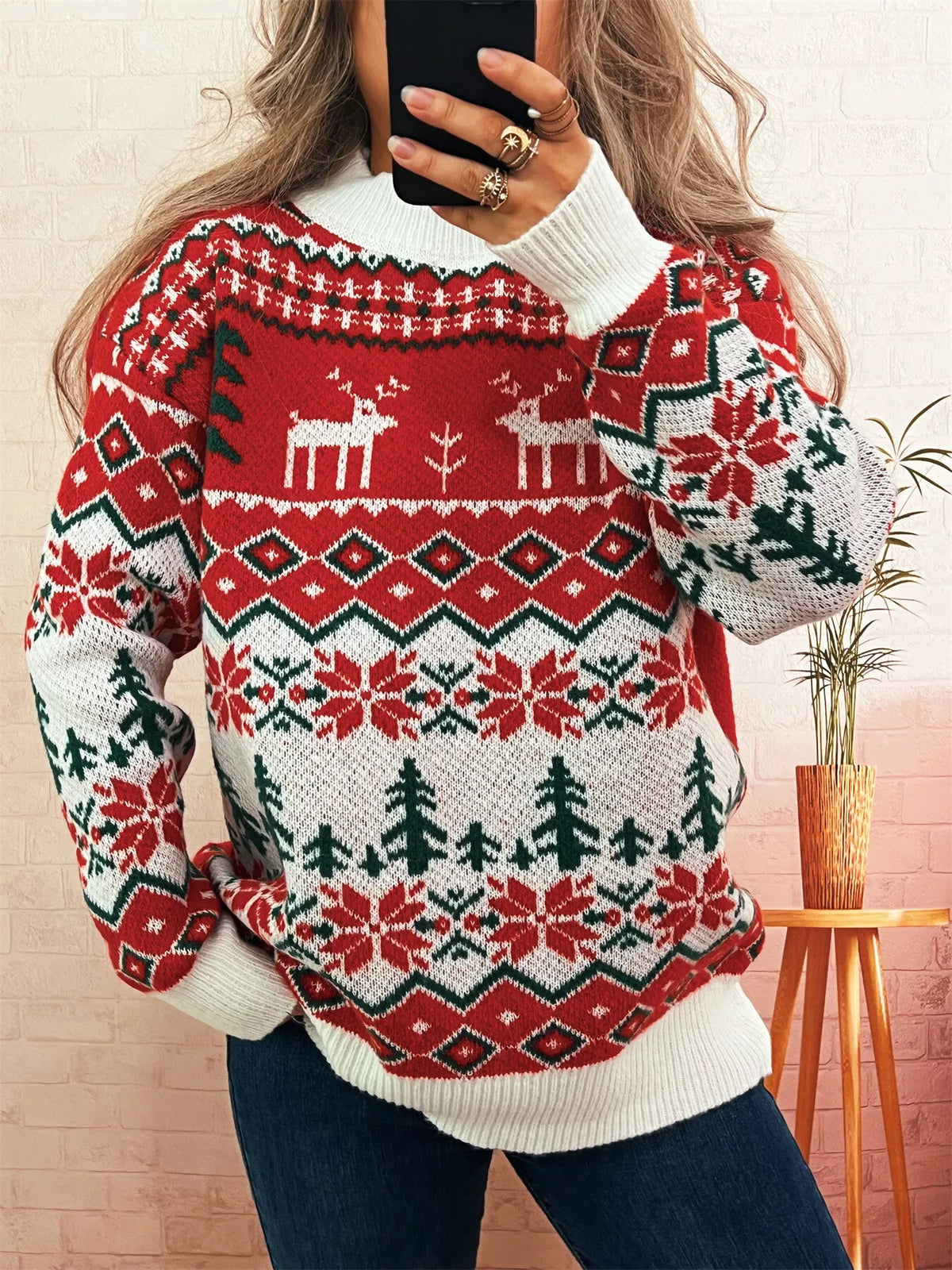 Christmas Reindeer Pattern Round Neck Sweater
