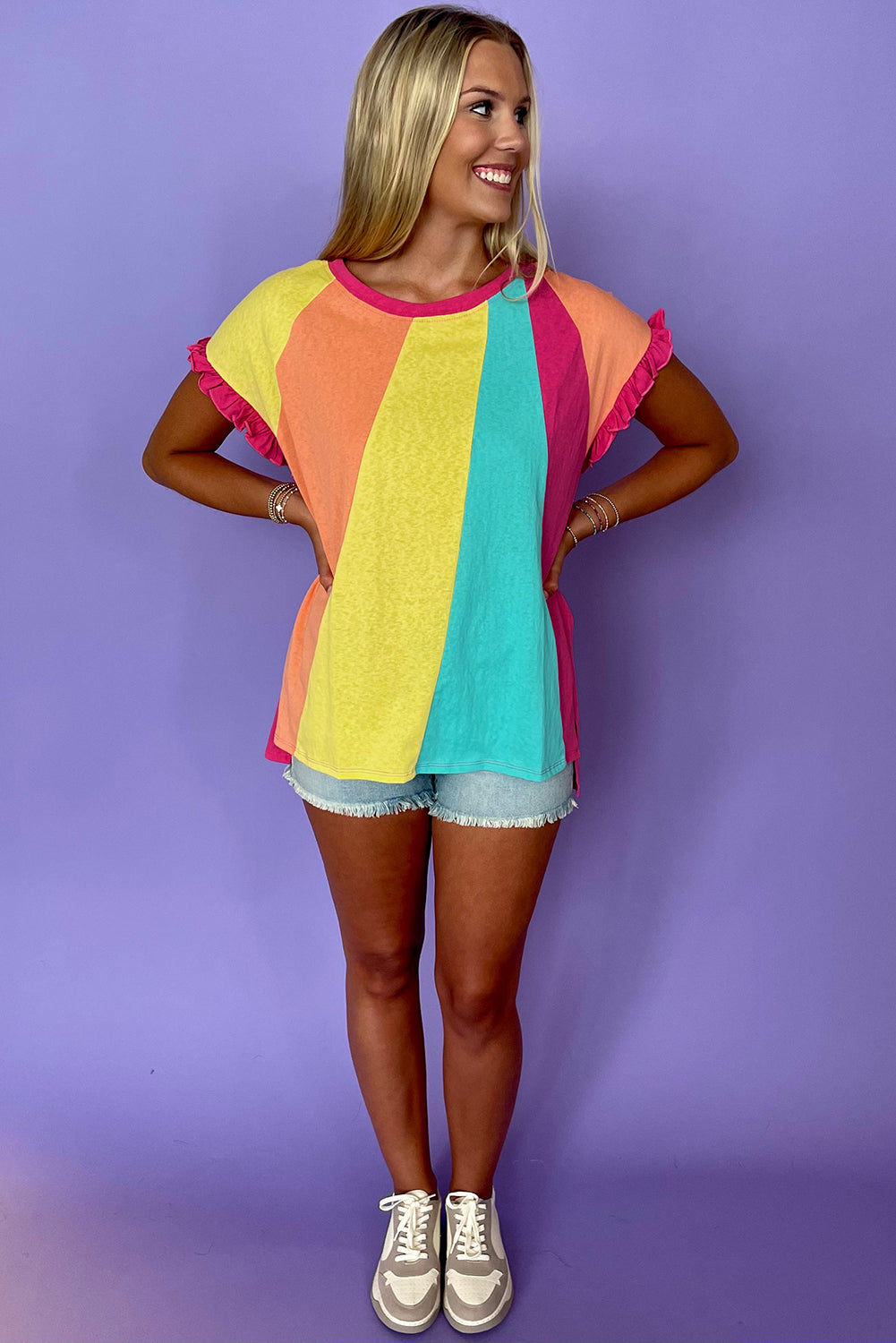 Rose Red Color Block Ruffled Crew Neck Loose Fit T-Shirt