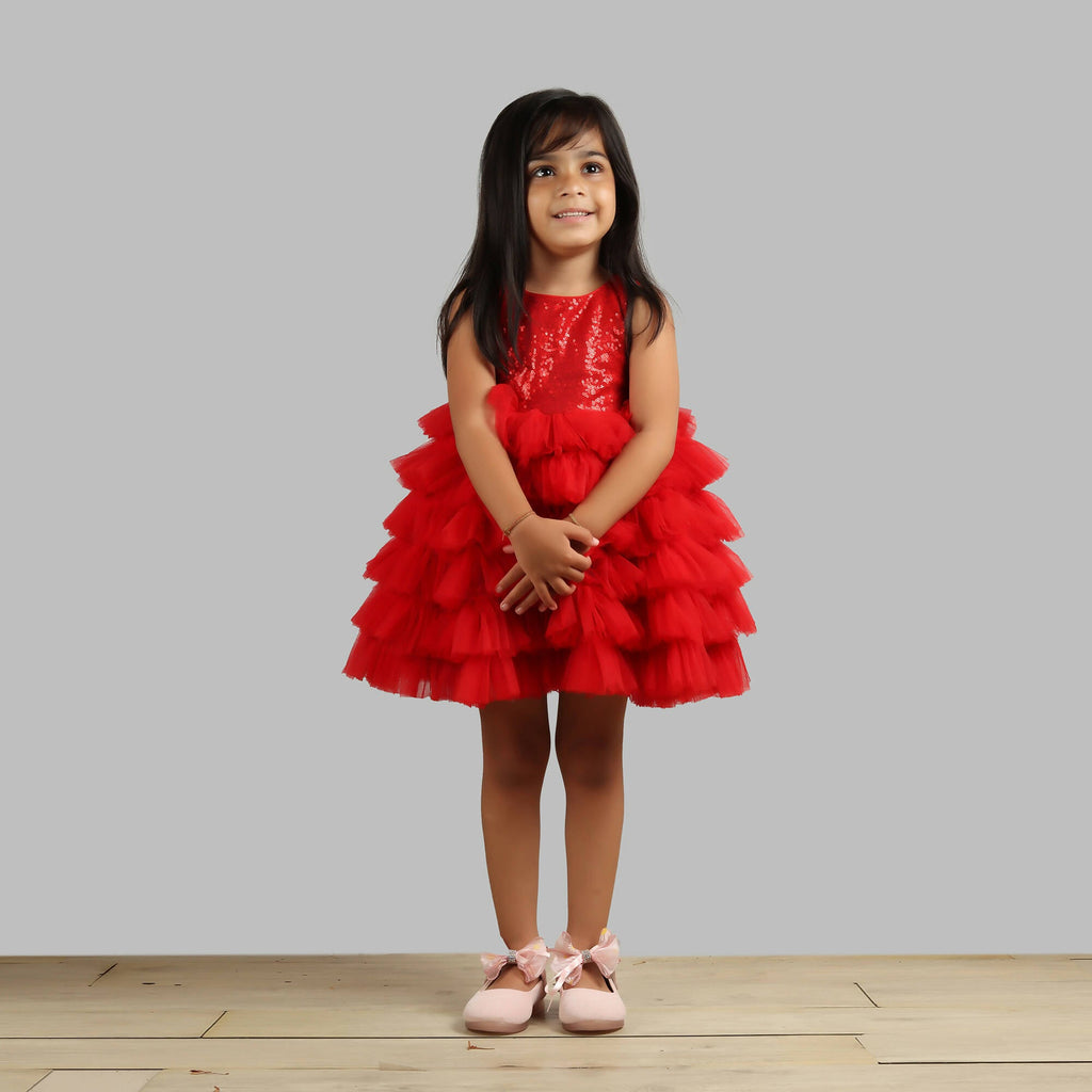 Red Sequin Bodice Party Dress with Flared Frill Bottom