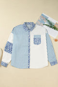Sky Blue Leopard Striped Patchwork Casual Plus Shirt