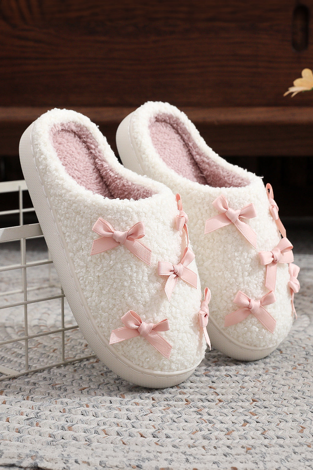 White Ribbed Bow Plush House Slipper | Cozy Indoor Footwear