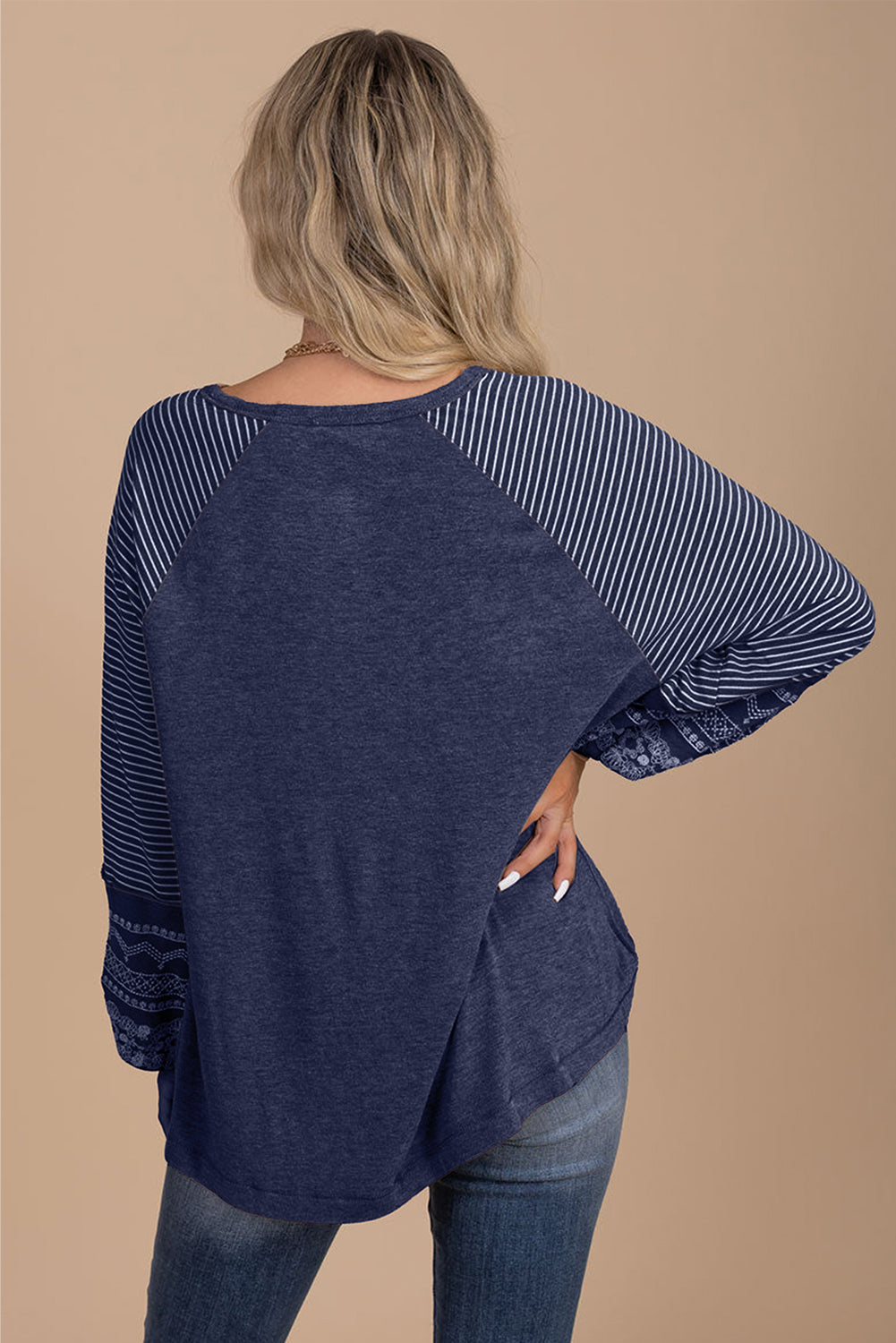 Tillandsia Purple Contrast Print Striped Raglan Long Sleeve Loose Top