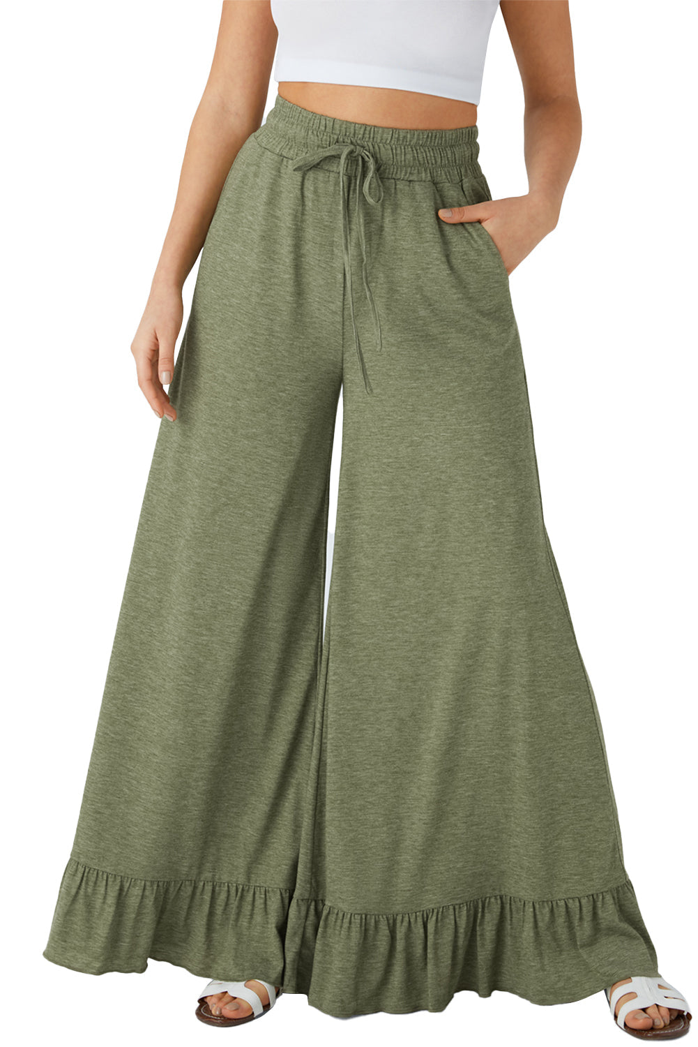 Women’s Wide Leg Knit Pants with Ruffle Hem - Relaxed Bohemian Style