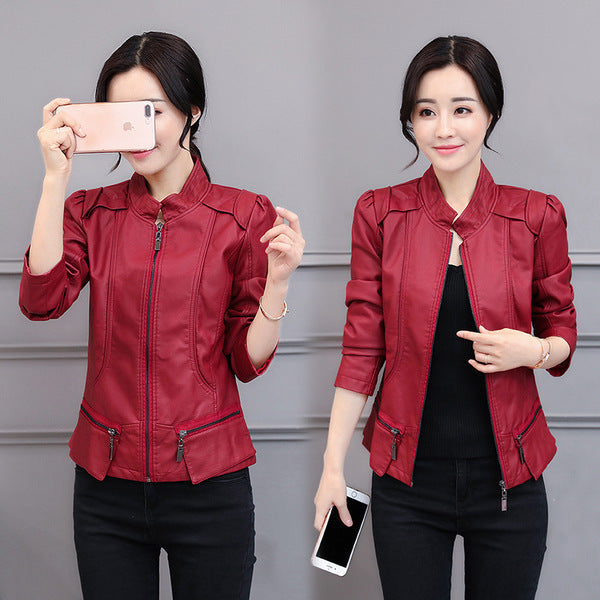 Women's Korean-Style Slim Fit Motorcycle Leather Jacket