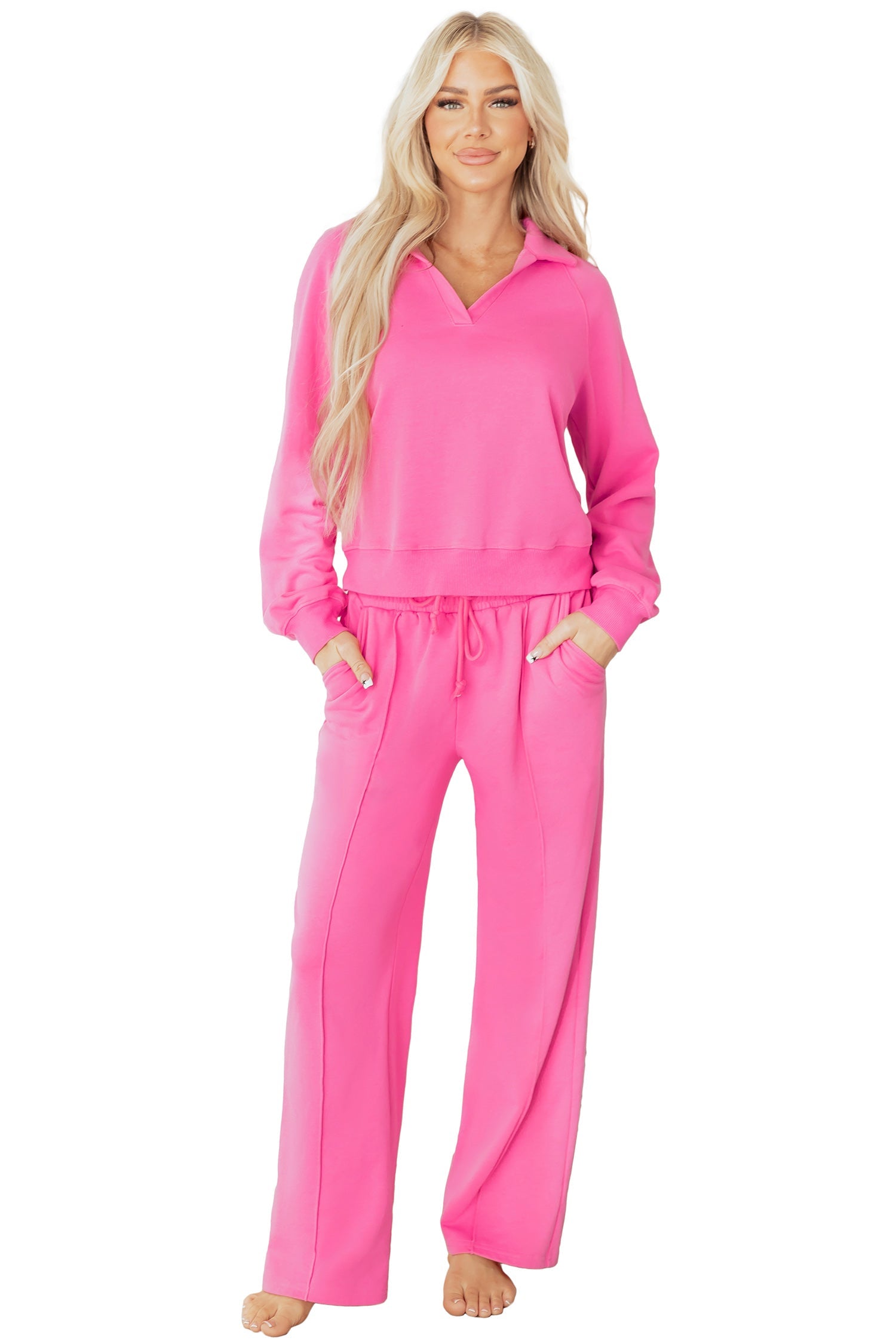 Women's Solid Collared Top and Central Seam Pants Loungewear Set