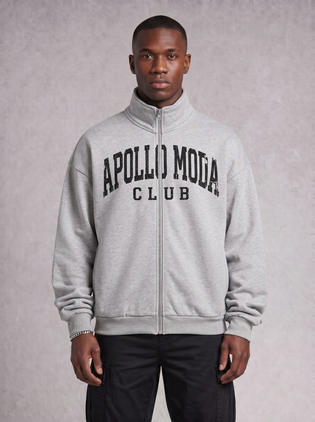 Grey oversized full-zip sweatshirt with stand collar and drop-shoulder fit