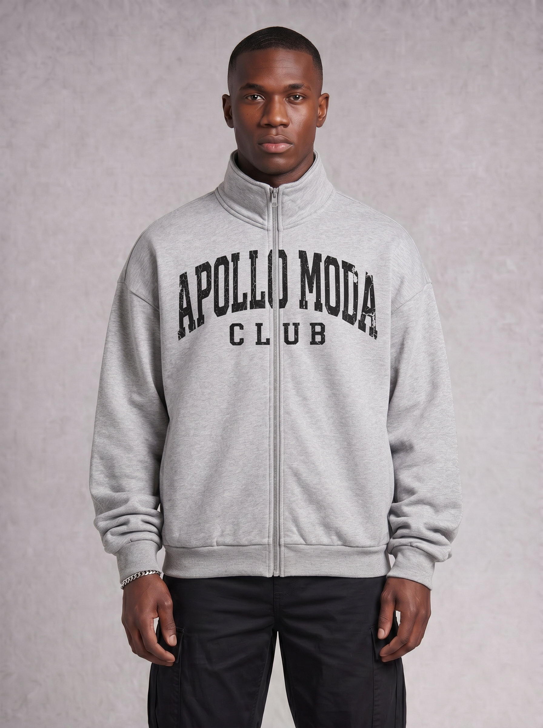 Grey oversized full-zip sweatshirt with stand collar and drop-shoulder fit
