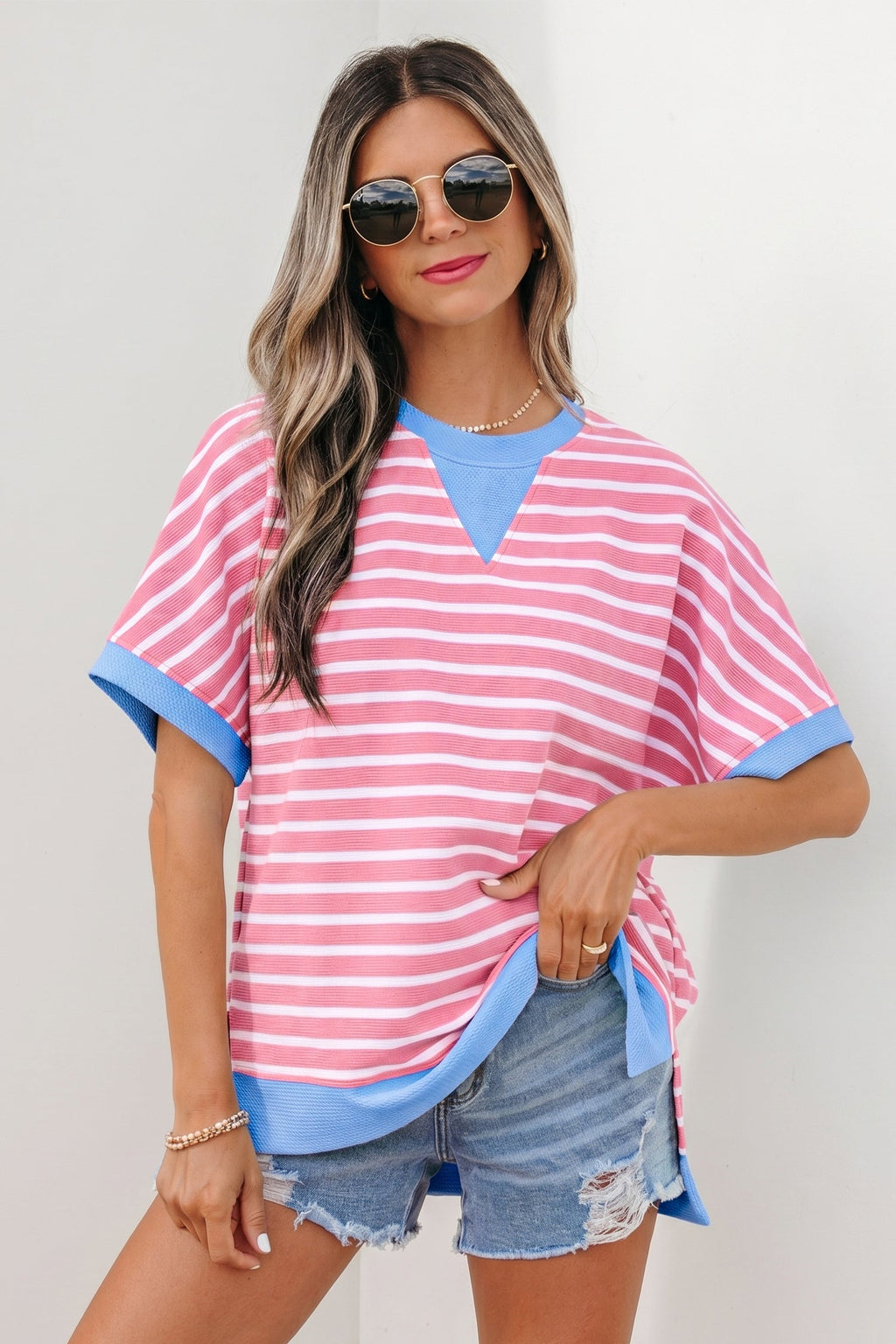 Kelly Loose Short Sleeve Knit Top in pink, white, and blue with stripe pattern and color block details