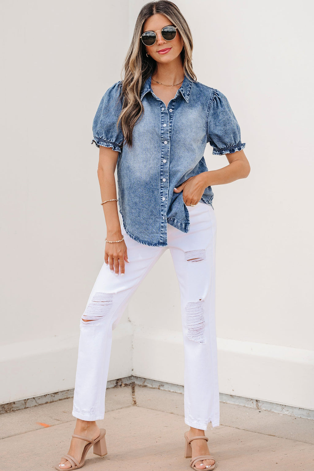 Denim Frilled Short Sleeve Snap Button Shirt