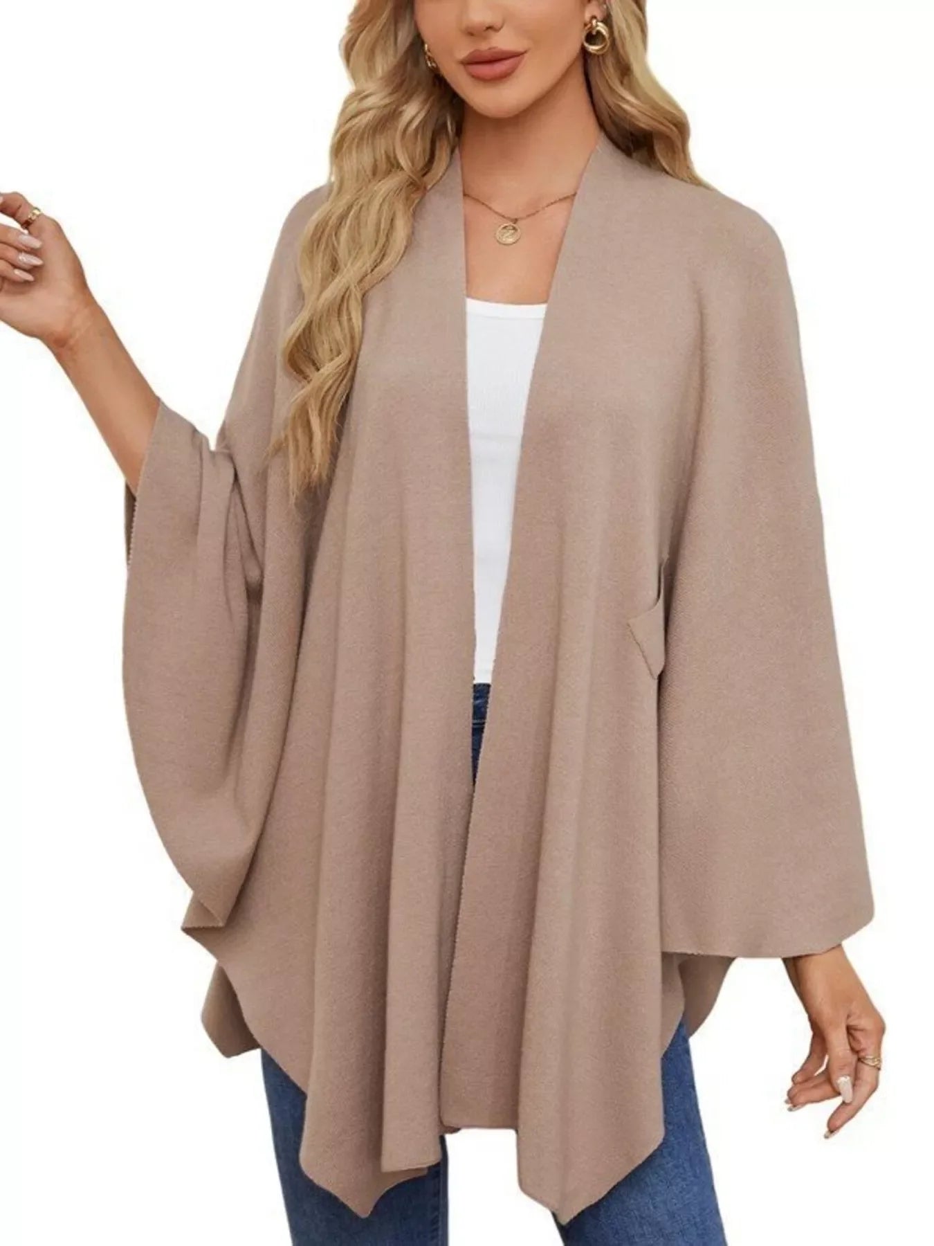 Solid Color Tie-Front Knit Cape Top