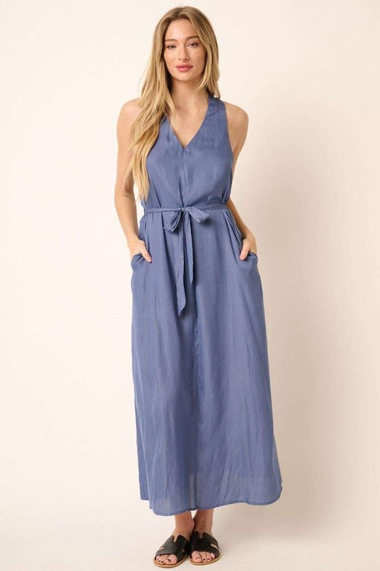 Cross Back V-Neck Belted Tank Maxi Dress for Effortless Elegance