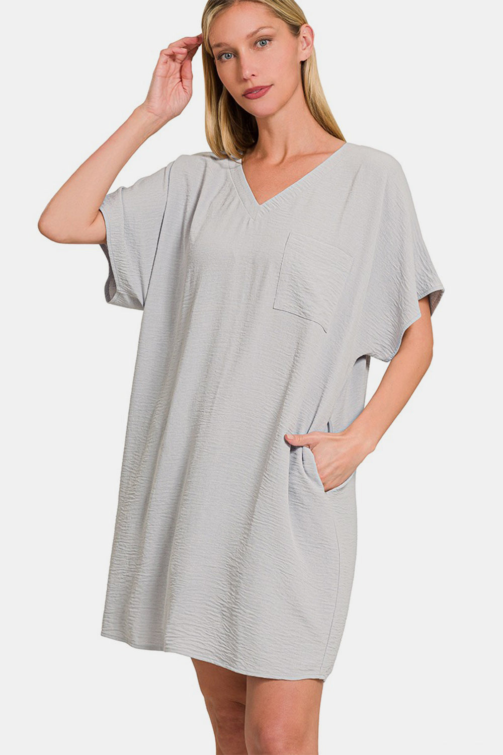 Stevvex women's casual V-neck tee dress featuring functional side pockets in a relaxed fit.
