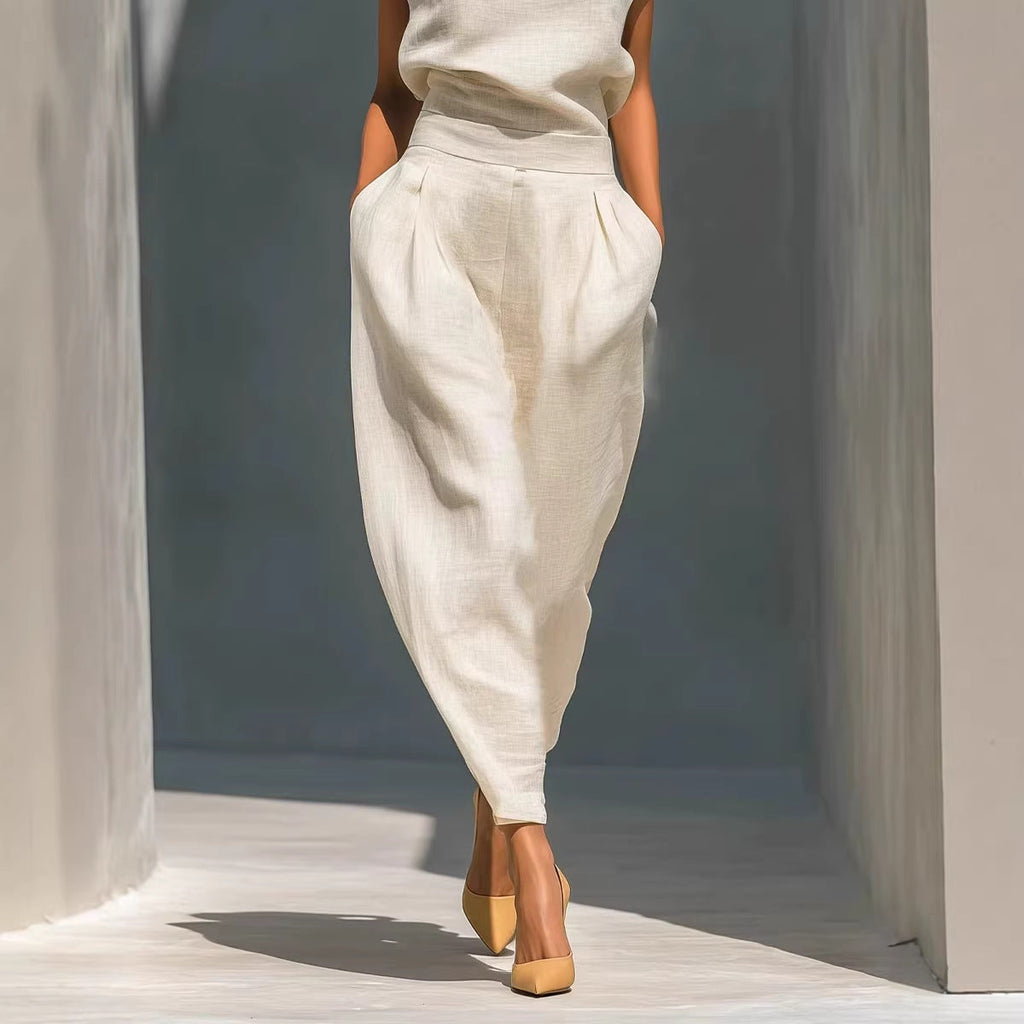 Women's Beige Mandarin Collar Short-Sleeve Top and Pants Set - Image 3