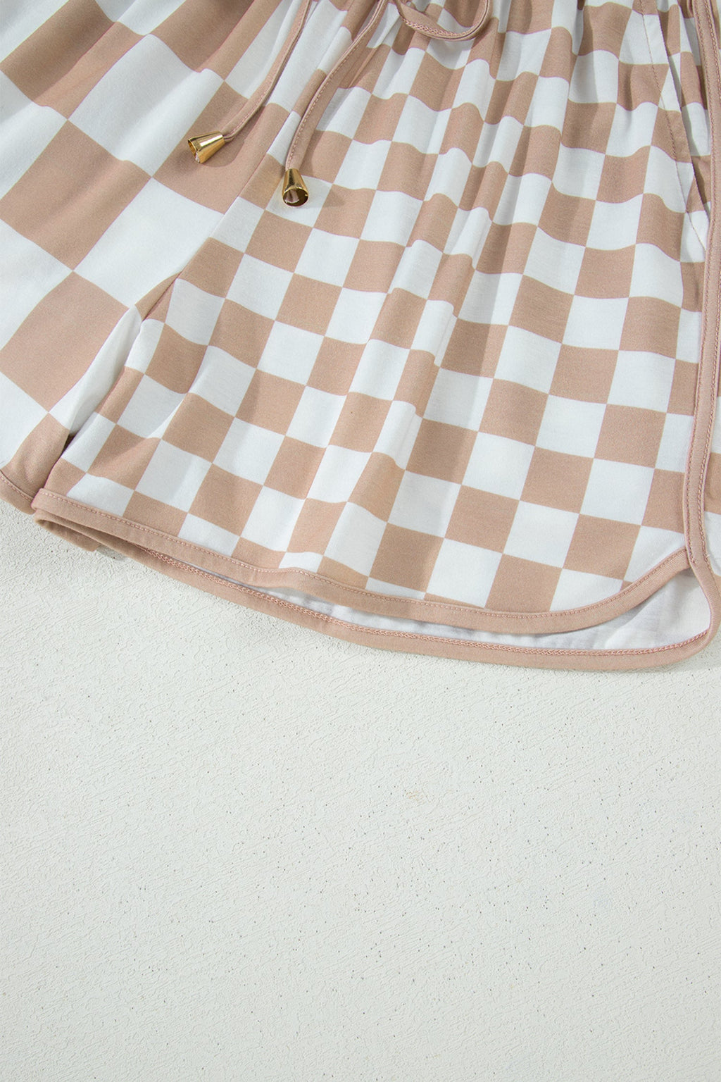 Beige and White Checker Patchwork Beaded Drawstring Shorts