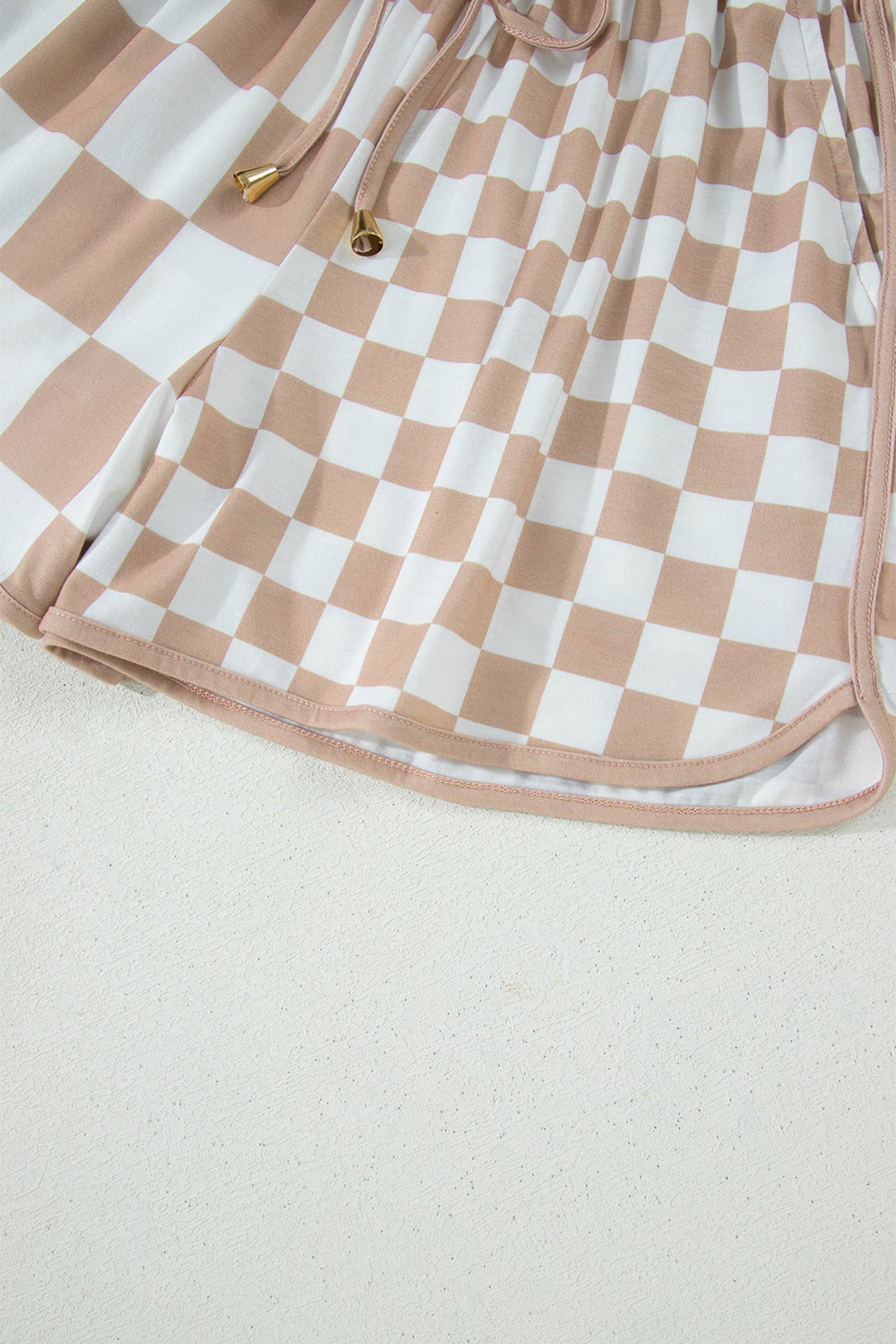 Beige and White Checker Patchwork Beaded Drawstring Shorts
