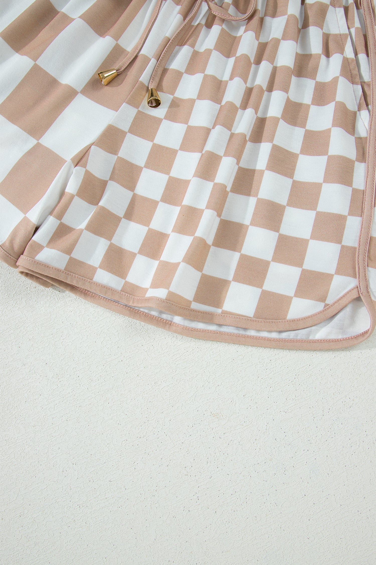 Beige and White Checker Patchwork Beaded Drawstring Shorts