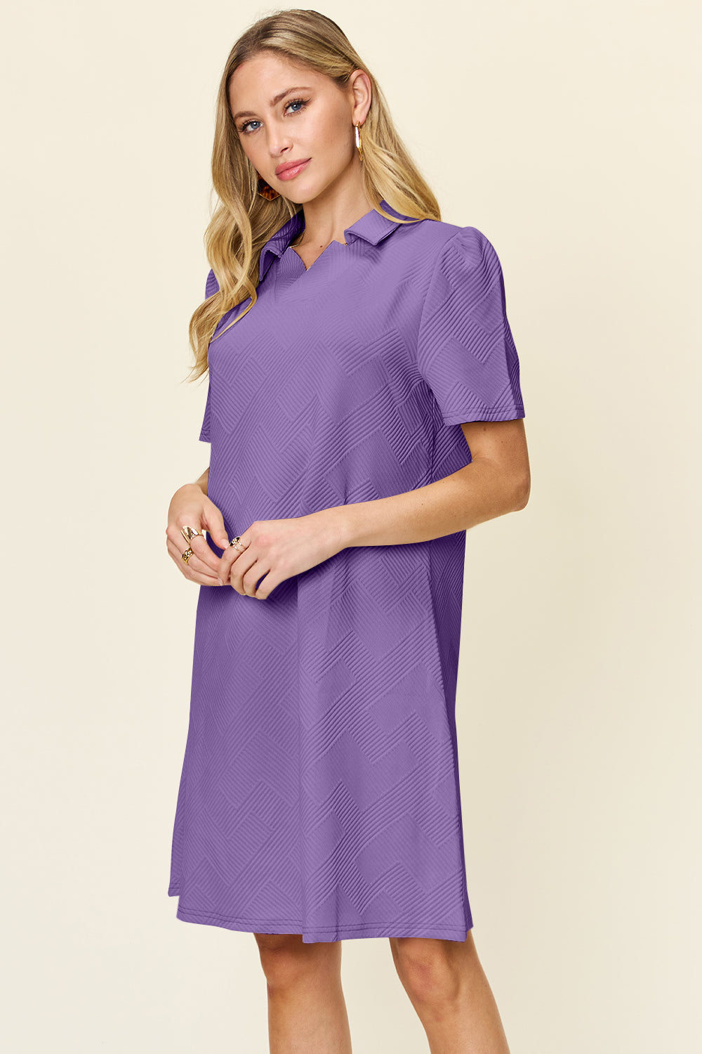 Collared Neck Short Sleeve Textured Mini Dress for Women