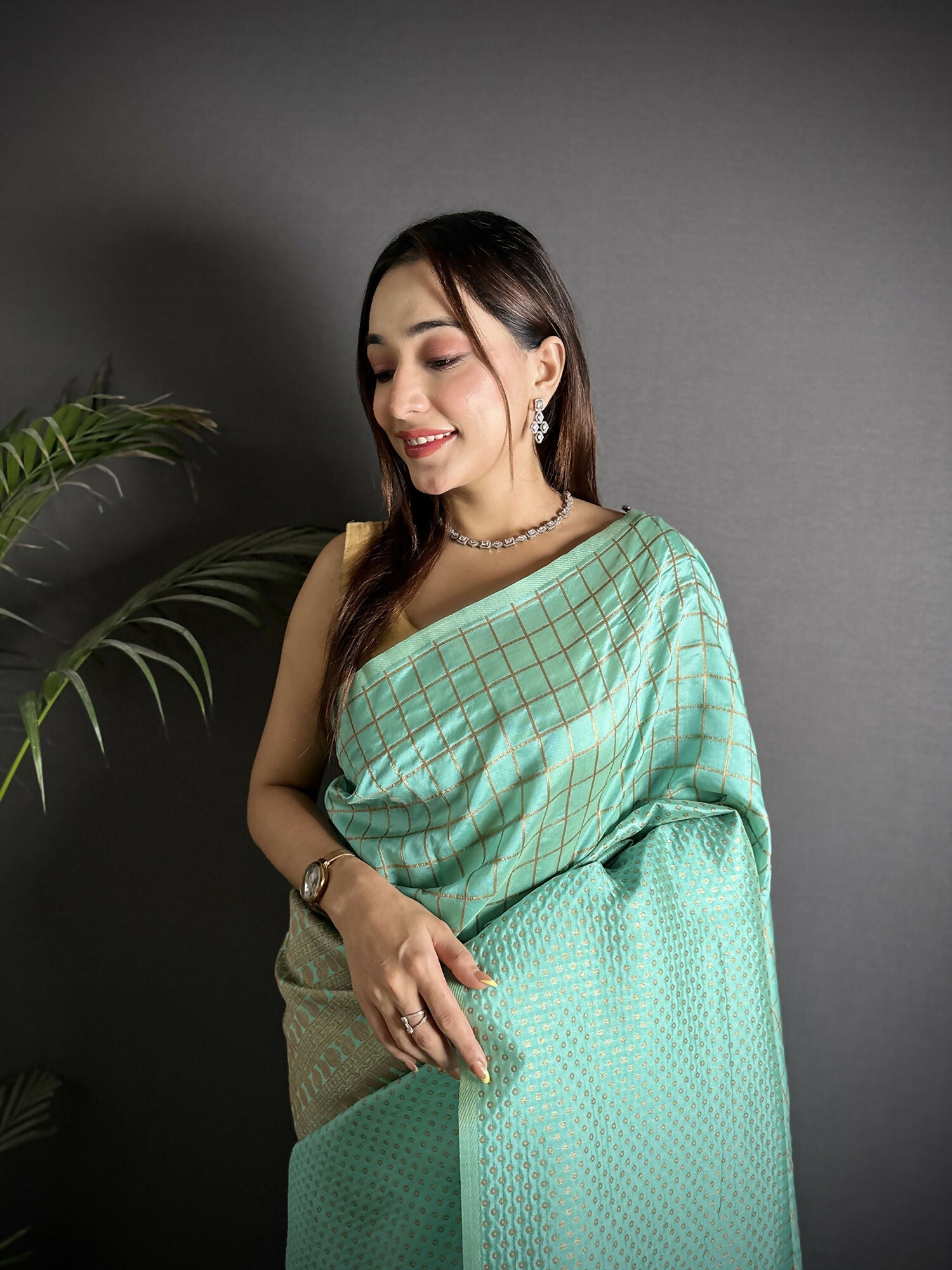 Joban Fashion Light Blue Banarasi Soft Lichi Silk Checks & Woven Saree