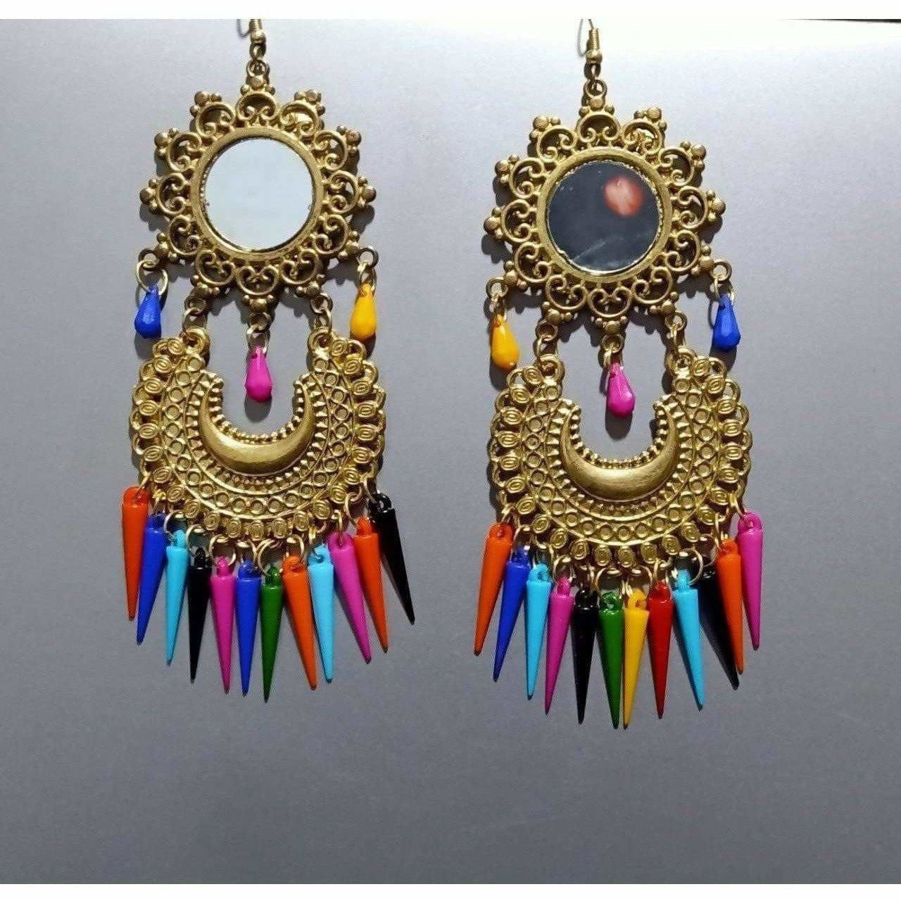 Gold-tone Afghani style Chandbali earrings with decorative multicolor pearls