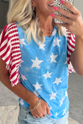 Sky blue sleeveless top with vintage star and stripe pattern and ruffle sleeve details