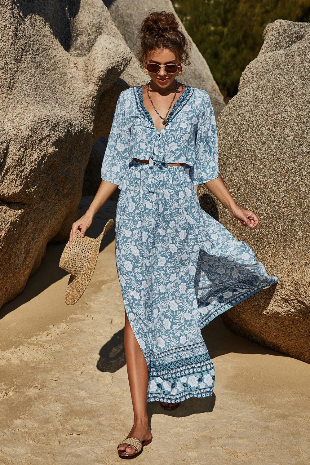 Printed Half Sleeve Top and Slit Skirt Set - Viscose