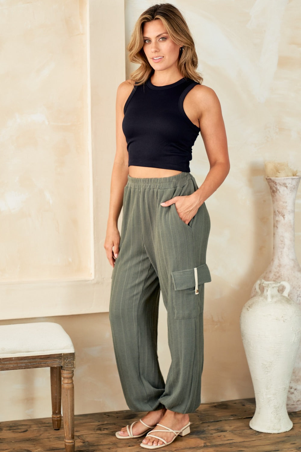 Textured Rib Cargo Pants in Sage Green
