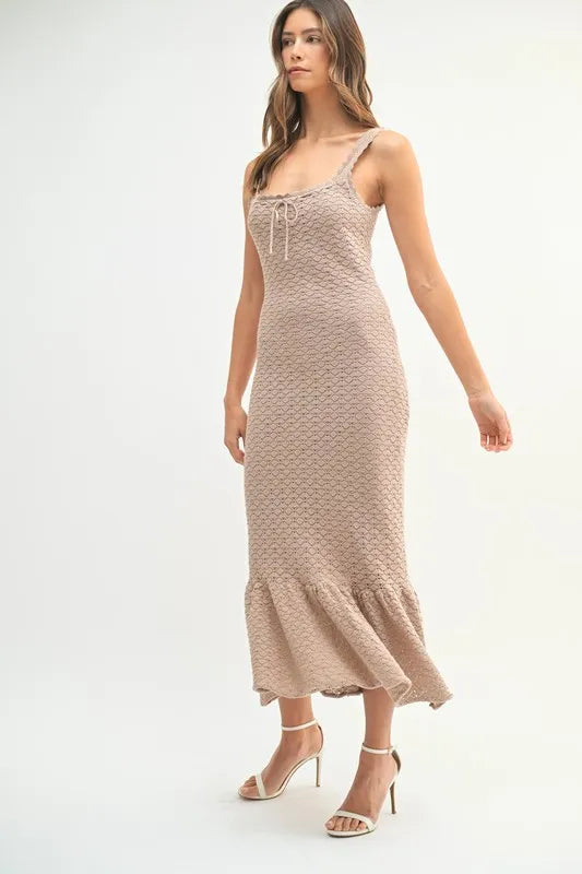 Sleeveless Crochet Knit Midi Dress with Ruffled Hem