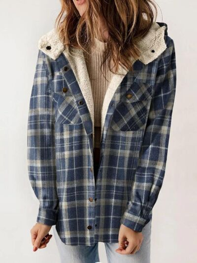 Plush Plaid Snap Down Hooded Jacket Cozy Warm Casual Outerwear