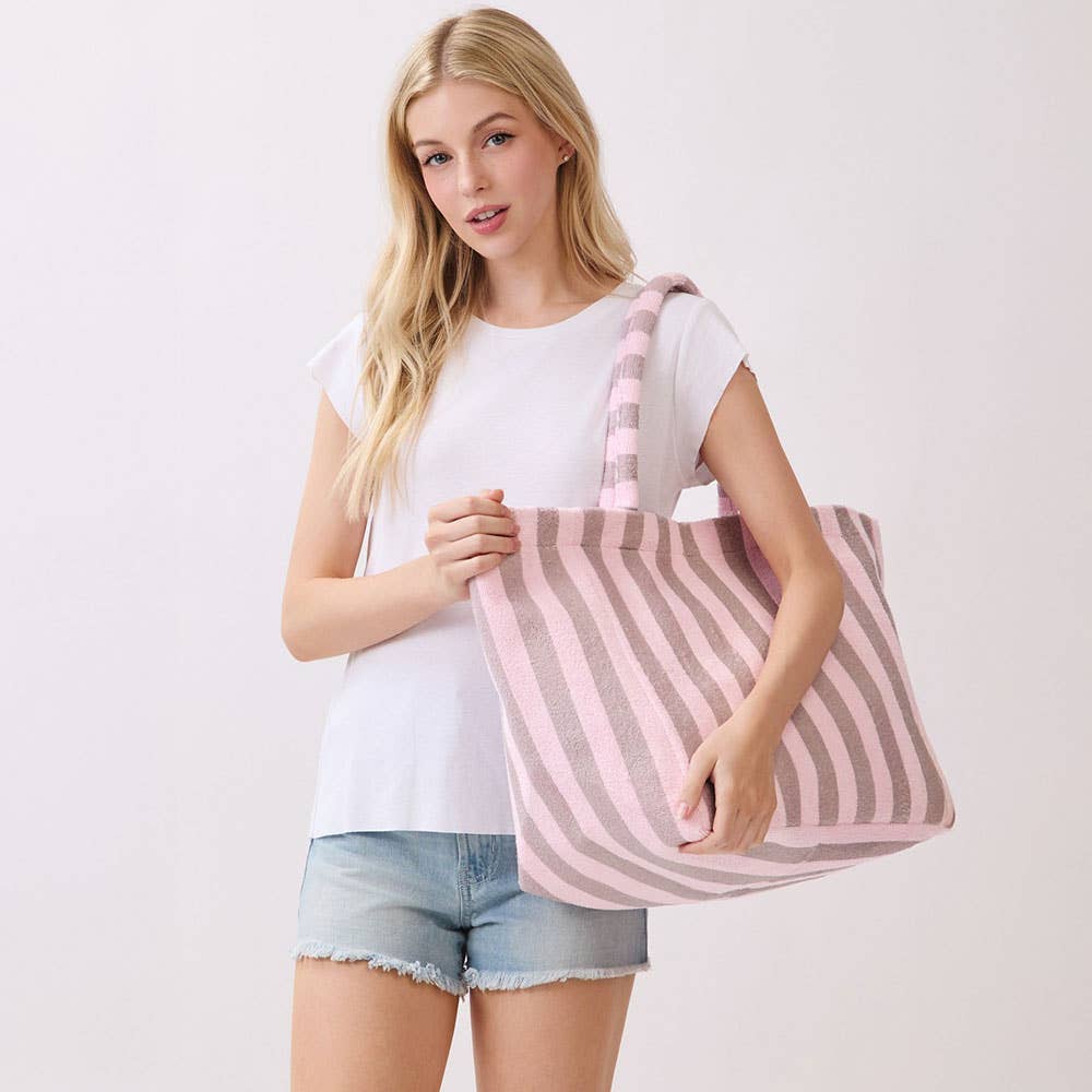 Oversized Striped Terry Beach Tote in Pink & Grey