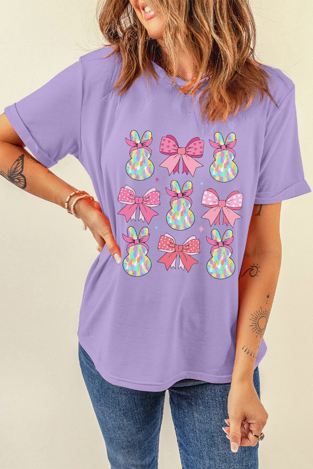 Wisteria Dotty Bowknot Bunny Graphic Easter T-Shirt