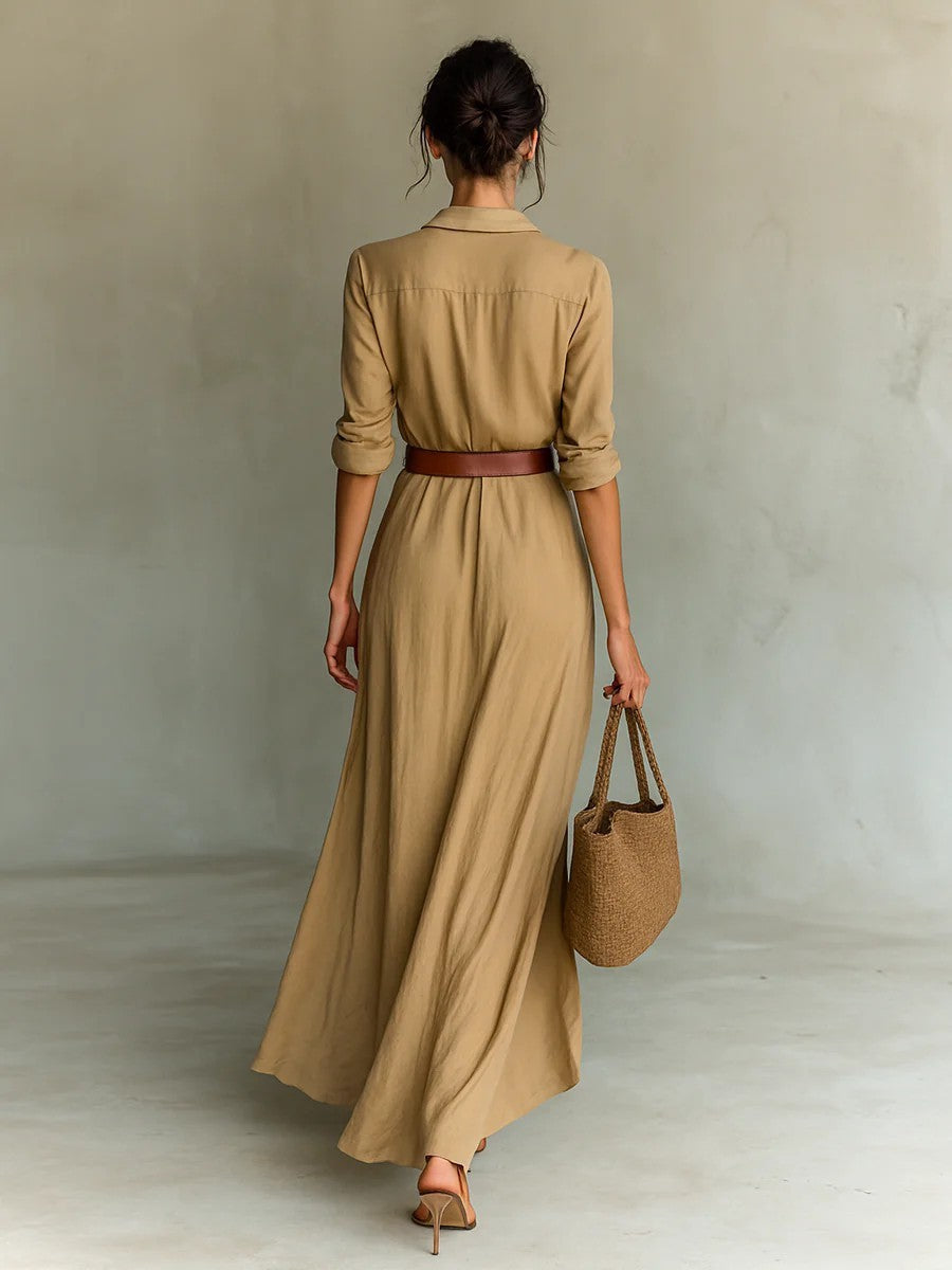 Irregular Long Dress With Belt Fashion And Elegant Button Lapel Long-sleeved Shirt Dresses Daily Office Commuting Clothing For Women