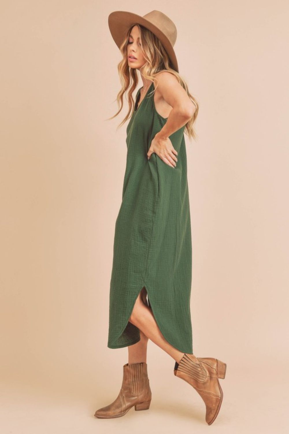 Cotton Round Neck Midi Tank Dress with Pockets - Dark Green